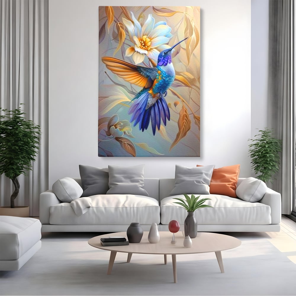 Tablou canvas cu tablou canvas cu pasare colibri in zbor, fara rama, pe sasiu de lemn, pe perete intr-un living